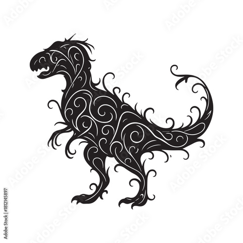 Ornamental Tyrannosaurus Rex Silhouette – Decorative Dinosaur Vector for Tattoos, Fantasy Art, and Design