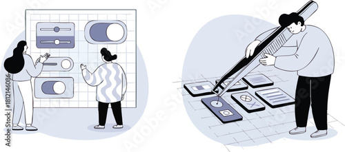 Illustrations of UIUX designers working on toggle switches and mobile app interfaces.