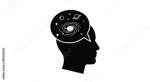 Silhouette of a head with a galaxy of stars and planets in a thought bubble, symbolizing imagination and cosmic wonder.
