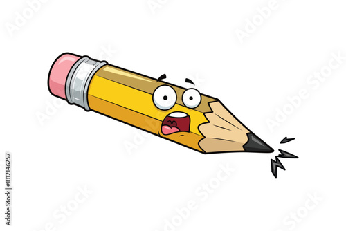 Shocked yellow cartoon pencil with broken tip and an eraser isolated on white background, Vector