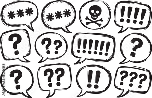 Hand drawn speech bubbles with question marks and exclamation points