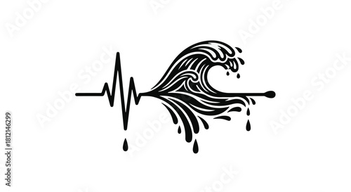 Ocean wave transforming into a vital heartbeat line, symbolizing life and energy