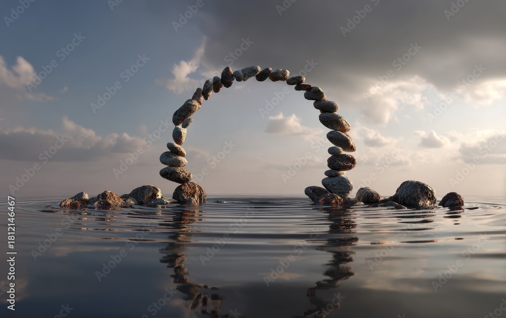 Fototapeta premium A stone arch balanced on water, with a cloudy sky in the background
