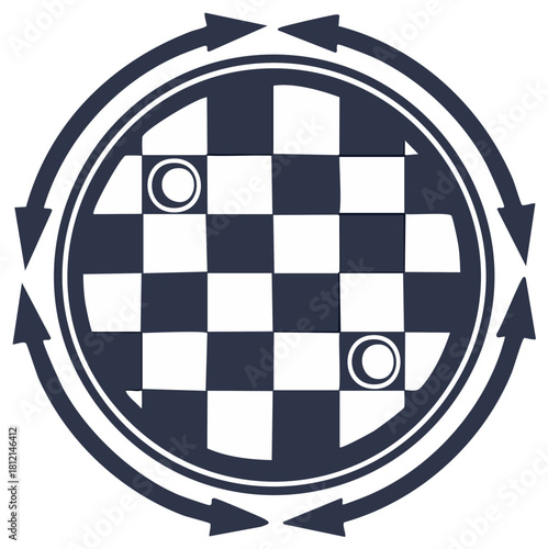 Dynamic checkerboard icon with game pieces and strategic circular arrows
