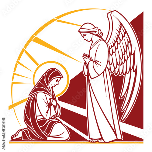 Stylized depiction of an angel appearing to a kneeling woman with sun rays praying religious