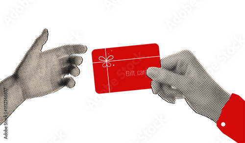 Trendy halftone collage businessman hand giving gift card to another hand,modern collage cut out elements