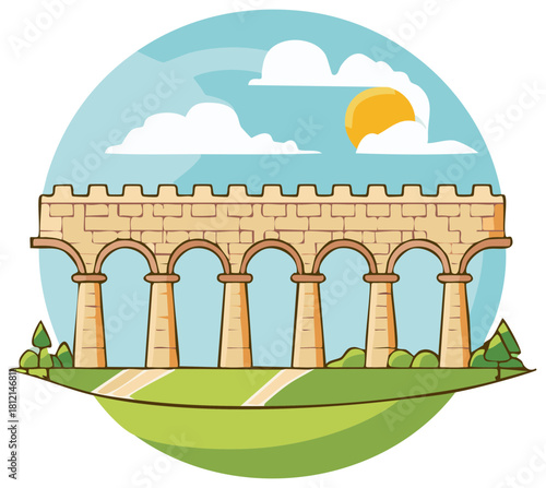 Ancient Roman aqueduct with arches and stone construction under a sunny sky