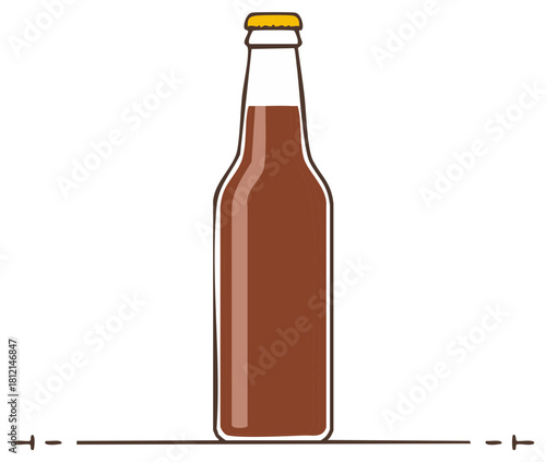 Cartoon illustration of a glass beer bottle with a brown liquid inside and a gold cap