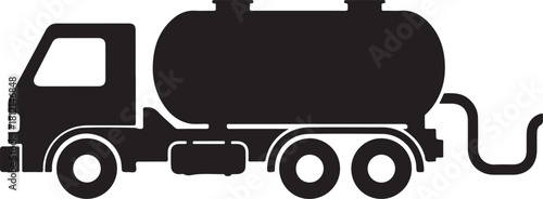 Black silhouette of a tanker truck with hose on white background icon