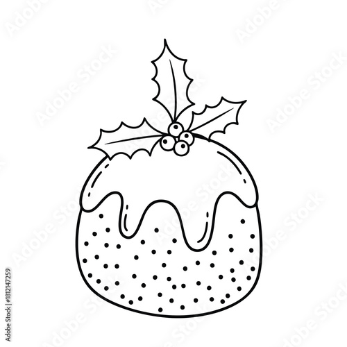 Hand Drawn Christmas Pudding with Holly Decoration.