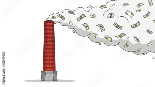 Red brick chimney emitting smoke filled with falling money
