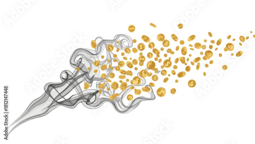 Smoke and gold dollar coins scattered across a white background