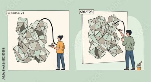 Two creators digitally drawing geometric abstract art on screens.