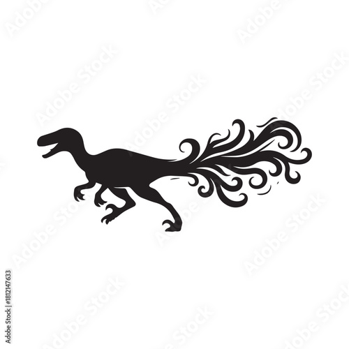 Velociraptor Silhouette with Flame Tail – Abstract Dinosaur Vector for Fantasy, Prehistoric, and Tattoo Design