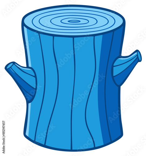 Cheerful blue tree stump cartoon with concentric rings and protruding branch nubs