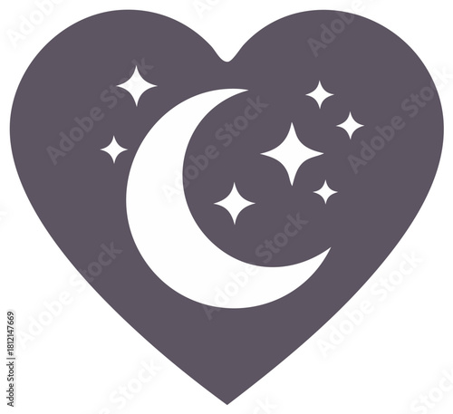 Heart with Moon and Stars Icon in Dark Gray and White for Romance, Dreams, or Night