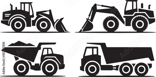 Collection of four black silhouette icons of construction vehicles bulldozer