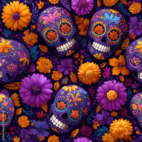 Day of the Dead Skulls & Flowers Seamless Pattern, Halloween Background