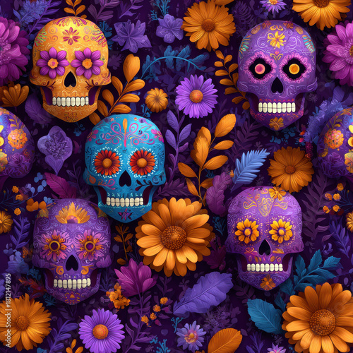 Colorful Sugar Skulls and Floral Arrangement - Day of the Dead Pattern