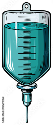 Intravenous drip bag illustration with teal liquid and measurement markings for medical use