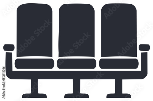Illustration of Three Empty Seats, Dark Silhouette Isolated Against White, Waiting Area, Hall, Showroom, Comfortable.