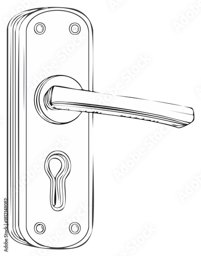 Detailed line drawing illustration of a vintage metal door handle with a keyhole