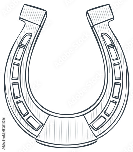Classic rustic horseshoe hand drawn outline graphic element symbolizing good fortune.