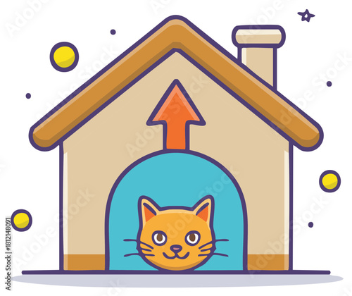 Cute cartoon cat in a house with an upward arrow symbolizing real estate, home value, and pet adoption.