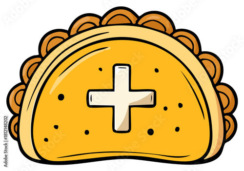 Healthy food concept cartoon empanada with medical cross symbol