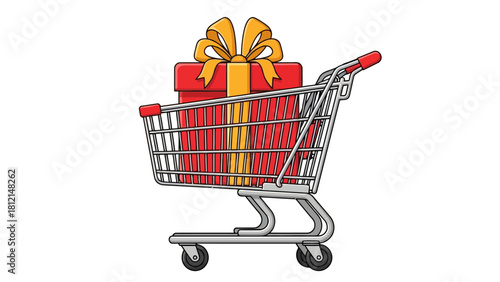 Shopping cart filled with a red gift box and yellow ribbon