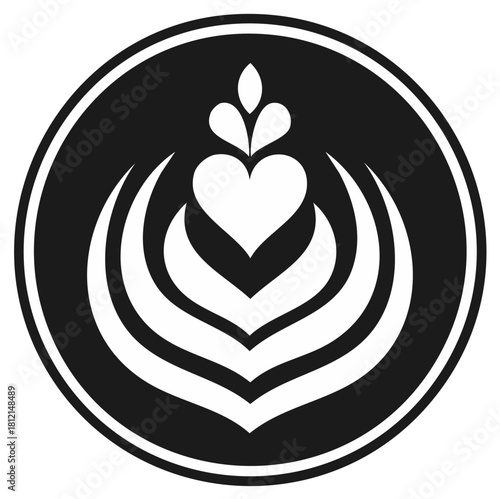 Latte art icon with heart shape design in a black circle vector illustration for coffee shop logo