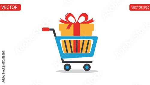 Shopping cart with a gift box and ribbon