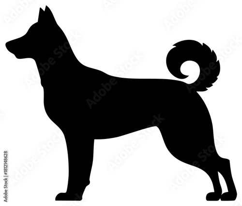Standing Dog Silhouette with Bushy Curled Tail, Alert Stance,  Canine Companion, Pet Animal