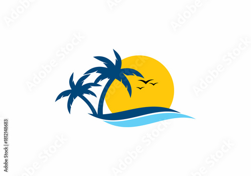 beach view palm trees and sunset logo vector