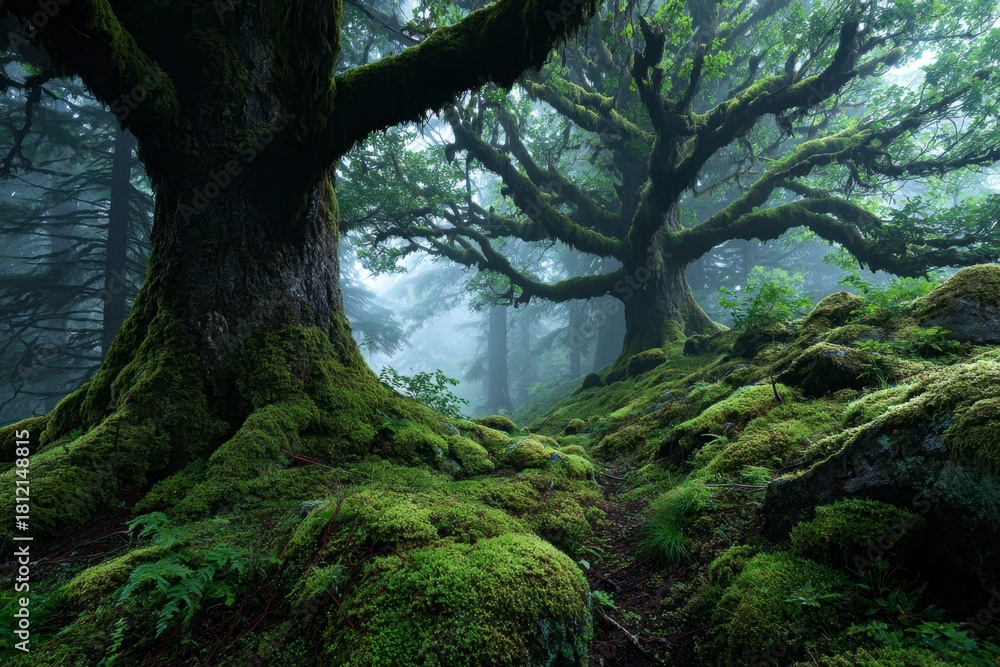 Fototapeta premium a mossy forest of old growth trees, mist in the air, moss covered ground