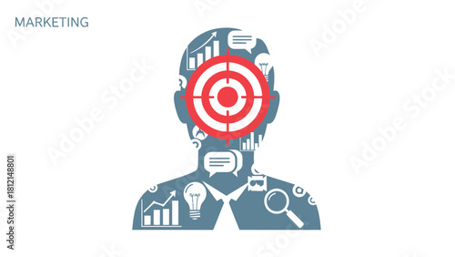 Silhouette of a person with marketing icons and a target in the head