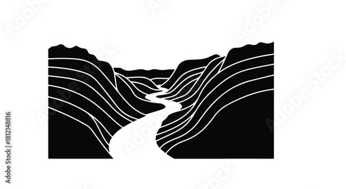 Stylized flowing river carving through dramatic canyon landscape