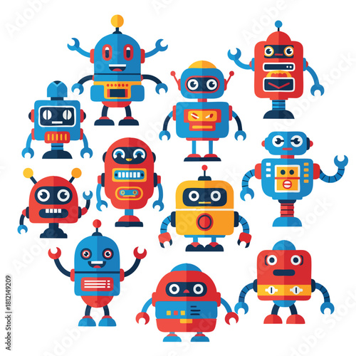 Colorful Retro Toy Robots Collection of Characters.