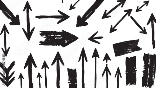 Dynamic hand drawn arrows pointing in all directions, perfect for creative projects or adding a unique touch, communicating concepts, and guiding attention