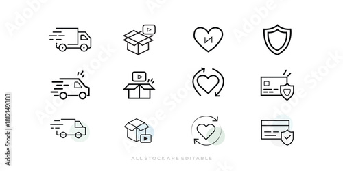 vector icon. E-commerce Essential - Fast Delivery, Unboxing, Heart and Shield Line Icon Set. Vector illustration