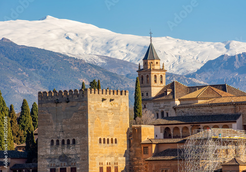 Alhambra complex with Sierra Nevada mountains at background, Granada, Spain