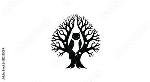 Mysterious owl silhouette perched on a stylized tree branch, symbolizing wisdom and nature.