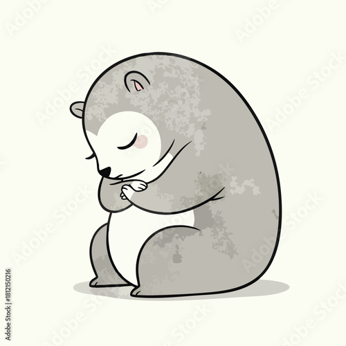 Sleeping Cartoon Bear Curled Up Sitting With Paws.