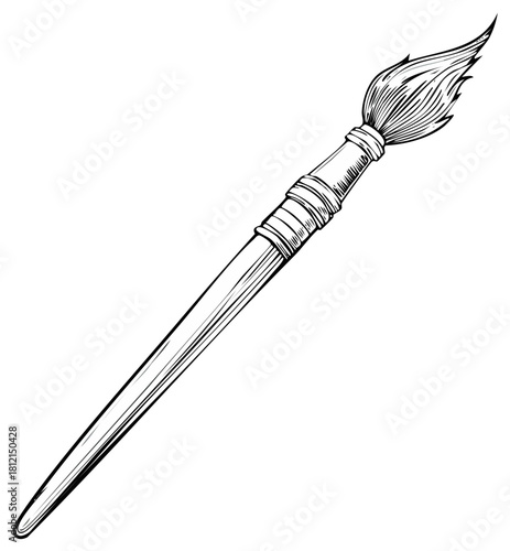 Drawing of a paintbrush with bristles and a long handle in a stylistic black and white illustration