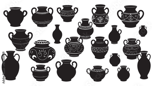 Elegant silhouettes of ancient Greek pottery with ornate patterns, perfect for historical designs or artistic projects and adding classic flair