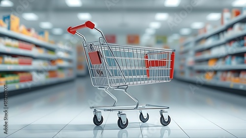 Shopping cart isolated on a plain background in a retail environment.