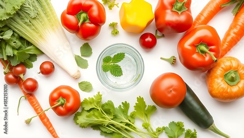 Fresh vegetables and water glass arranged for wellness.