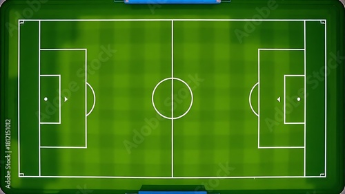 Aerial view of a geometric green football field from above.