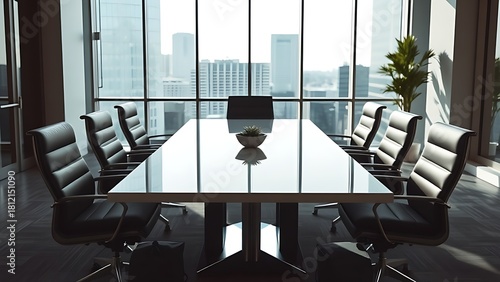 Professional business meeting setup in a modern office with a conference table.