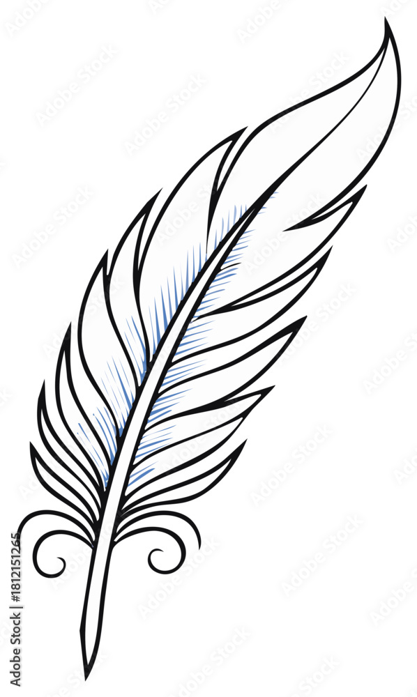 Fototapeta premium Elegant Quill Pen Feather with Delicate Swirls and Blue Accents